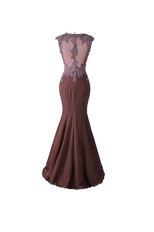 Vestido de fiesta de sirena con apliques de encaje y espalda transparente para dama de honor BD024