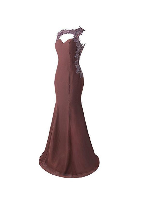 Vestido de fiesta de sirena con apliques de encaje y espalda transparente para dama de honor BD024