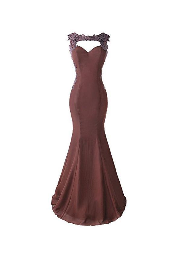 Vestido de fiesta de sirena con apliques de encaje y espalda transparente para dama de honor BD024