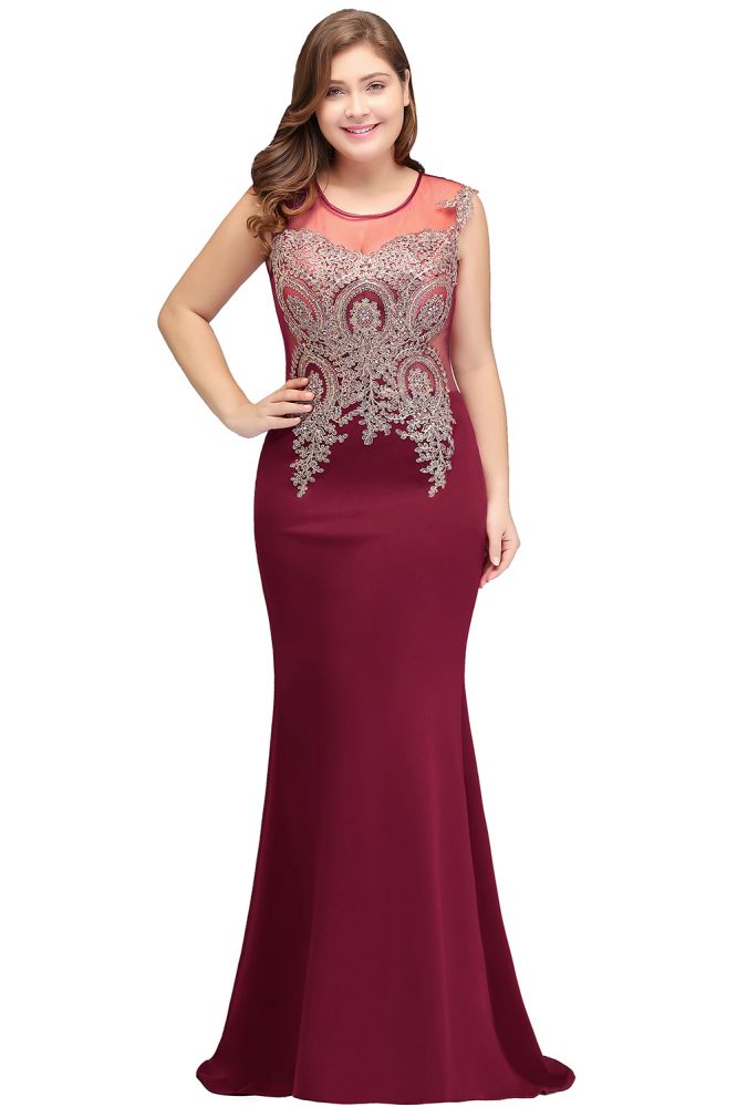 Mermaid Scoop Floor Length Plus size Sleeveless Appliques Burgundy Evening Dresses