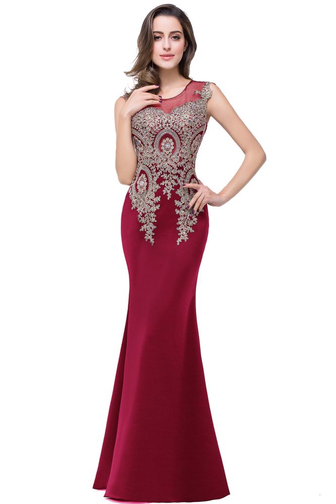 Mermaid Scoop Floor Length Plus size Sleeveless Appliques Burgundy Evening Dresses