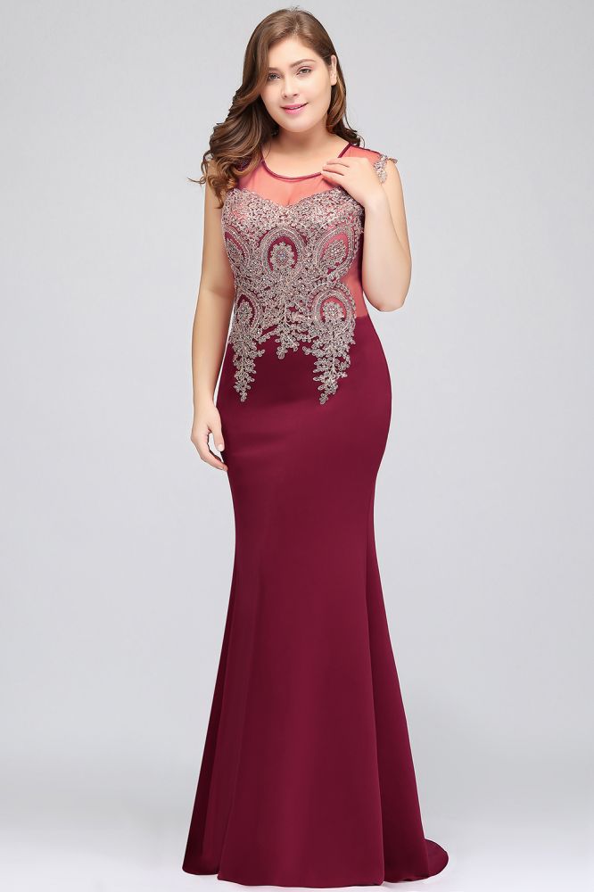 Mermaid Scoop Floor Length Plus size Sleeveless Appliques Burgundy Evening Dresses