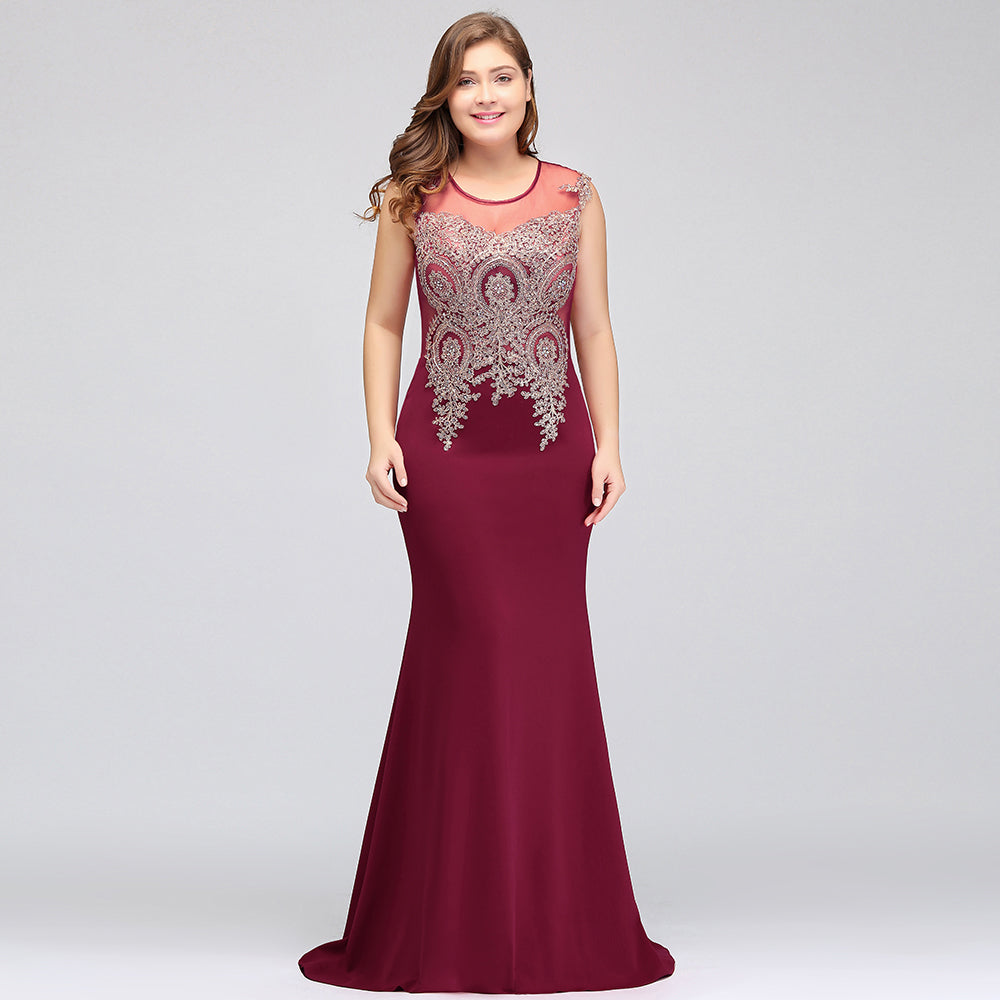 Mermaid Scoop Floor Length Plus size Sleeveless Appliques Burgundy Evening Dresses