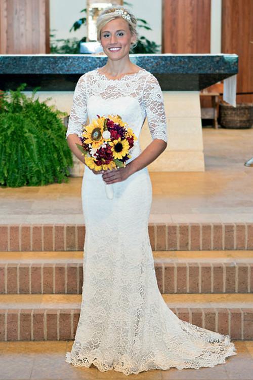 Mermaid Scoop Open Back Long Sleeves Wedding Dresses With Appliques WD004