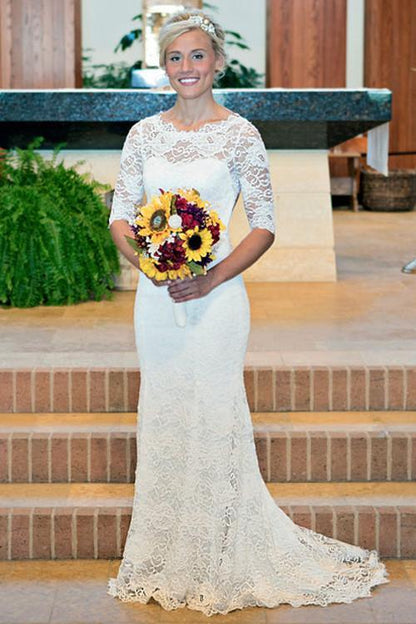 Mermaid Scoop Open Back Long Sleeves Wedding Dresses With Appliques WD004