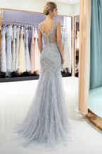 Meerjungfrau-Abendkleid mit ärmellosem Illusion-Ausschnitt und Kristallverzierung aus Tüll