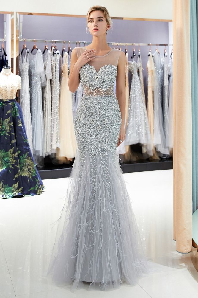 Meerjungfrau-Abendkleid mit ärmellosem Illusion-Ausschnitt und Kristallverzierung aus Tüll