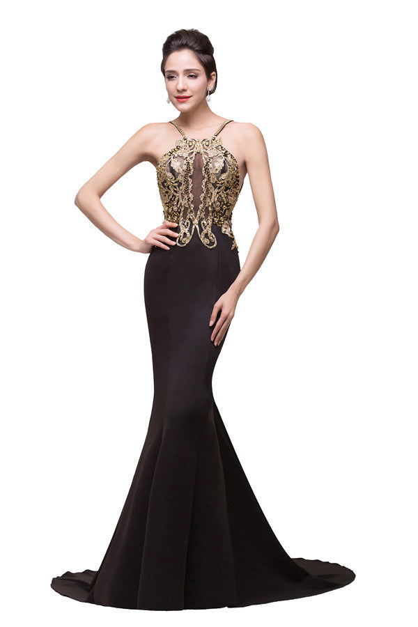 Mermaid Spaghetti strap Flower-length Black Formal Dresses with Beads