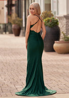 Jimena | Vestido de fiesta largo verde oscuro con tirantes finos y apliques estilo sirena