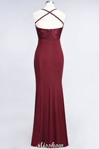 Vestido de dama de honor de sirena, de spandex, con encaje, tirantes finos, sin mangas y largo hasta el suelo