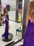 Meerjungfrau-Abschlussballkleid mit V-Ausschnitt und offenem Rücken und geschlitzten Pailletten, formelle Abendkleider