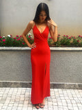 Vestidos de fiesta largos rojos con escote en V, sin mangas y hasta el suelo, con abertura