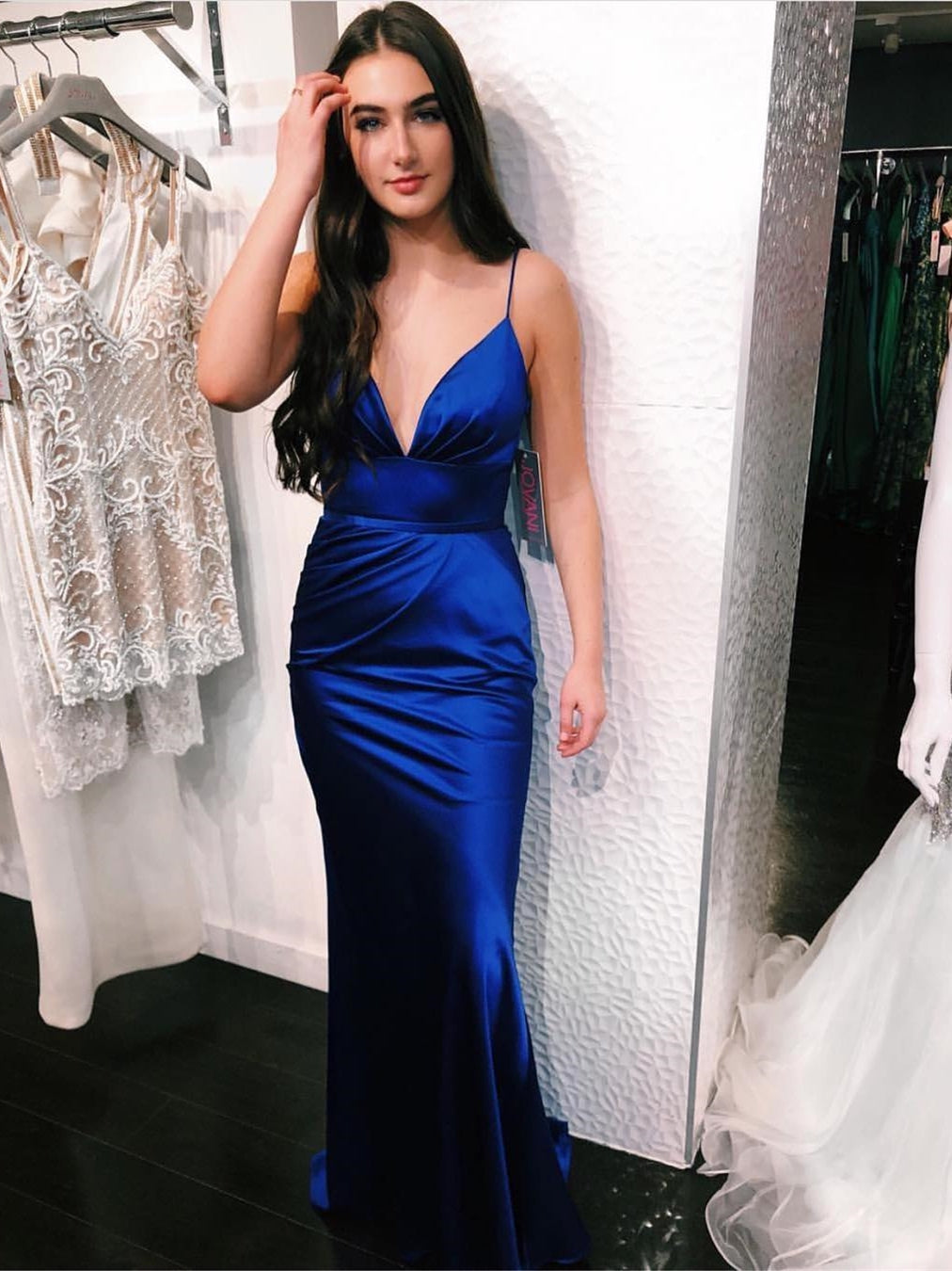 Mermaid V Neck Spaghetti Straps Satin Long Royal Blue Prom Dresses