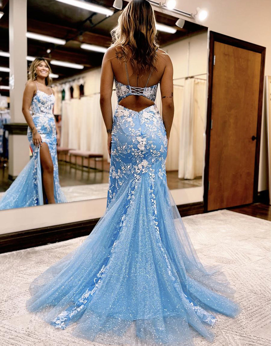Aubrie | Vestido de fiesta de tul con encaje y tirantes finos de sirena con abertura