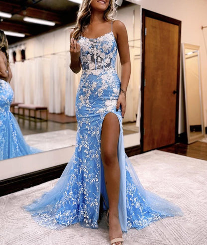 Aubrie | Vestido de fiesta de tul con encaje y tirantes finos de sirena con abertura