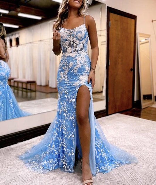 Aubrie | Vestido de fiesta de tul con encaje y tirantes finos de sirena con abertura