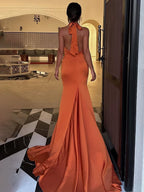 Merritt | Halter Sleeveless Satin Pleated Mermaid Prom Dress with Train