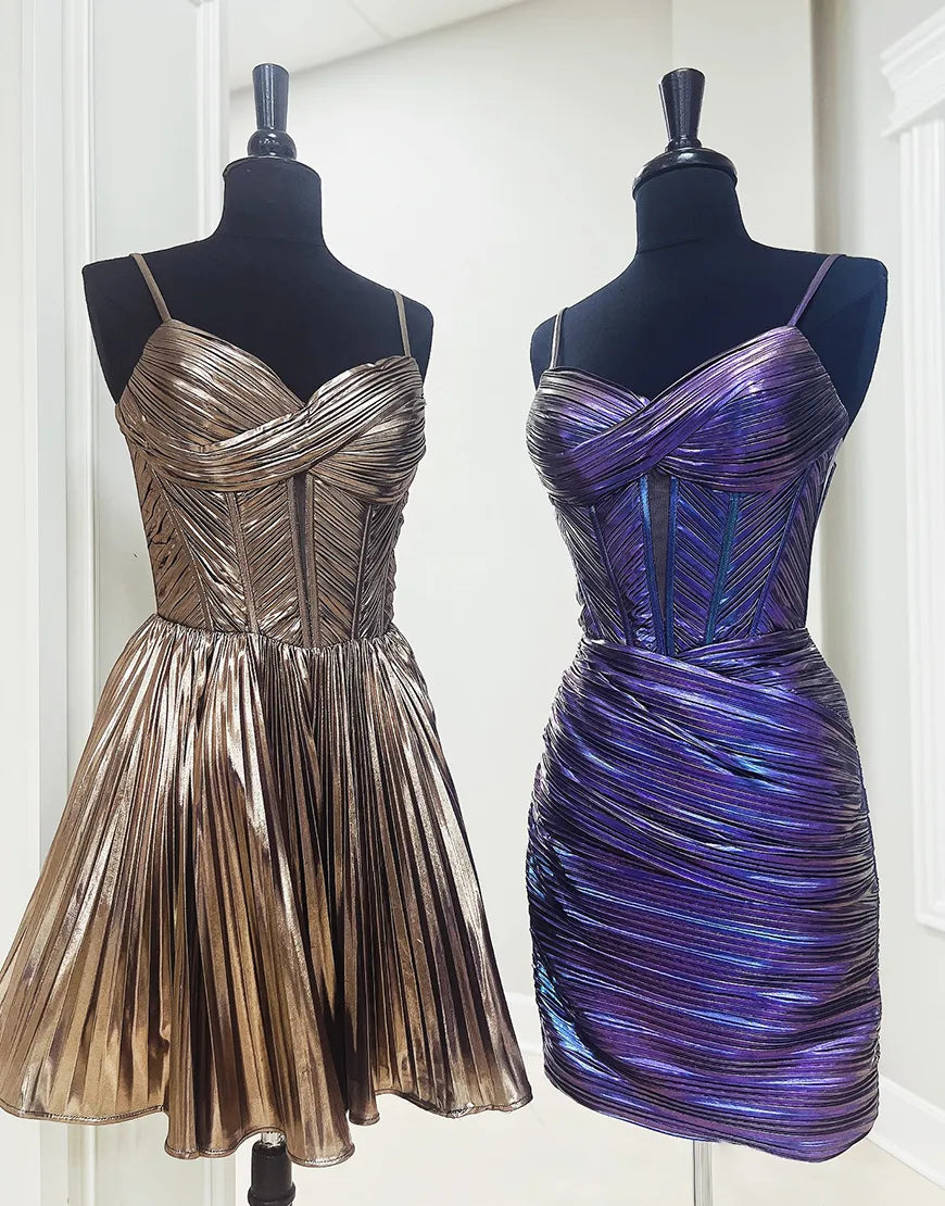 Vestido de fiesta de satén con tirantes finos, corte A, color dorado metalizado