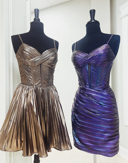 Vestido de fiesta de satén con tirantes finos, corte A, color dorado metalizado
