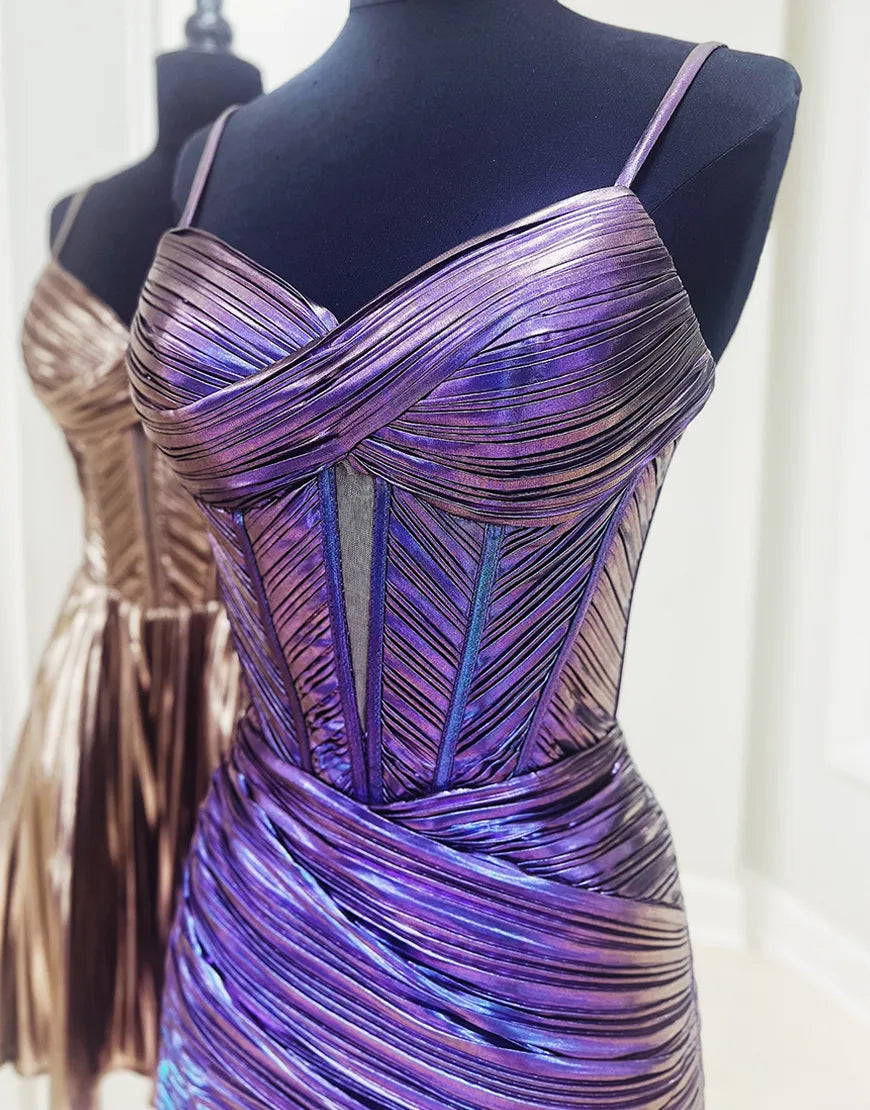 Vestido de fiesta de satén con tirantes finos, corte A, color dorado metalizado