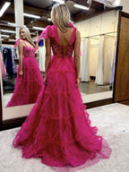 Michaella | Vestidos de fiesta largos de tul con escote en forma de corazón y capas en color fucsia