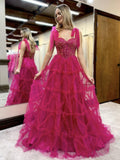Michaella | Vestidos de fiesta largos de tul con escote en forma de corazón y capas en color fucsia