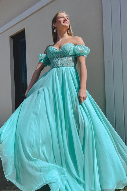 Schulterfreies A-Linien-Ballkleid aus Chiffon mit Applikationen und Schnürung 