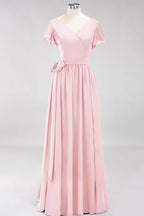 Elegante vestido de noche de gasa con escote en V, manga corta y lazo para dama de honor hasta el suelo.