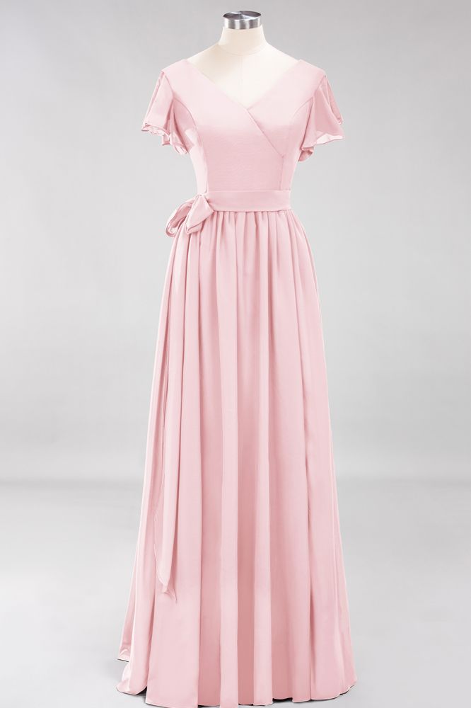 Elegant A-line V-Neck Short Sleeve Bridesmaid Dresses with Bow Sash Floor-Length Chiffon Evening Dress