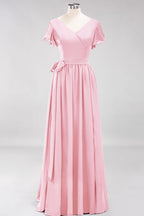Elegante vestido de noche de gasa con escote en V, manga corta y lazo para dama de honor hasta el suelo.
