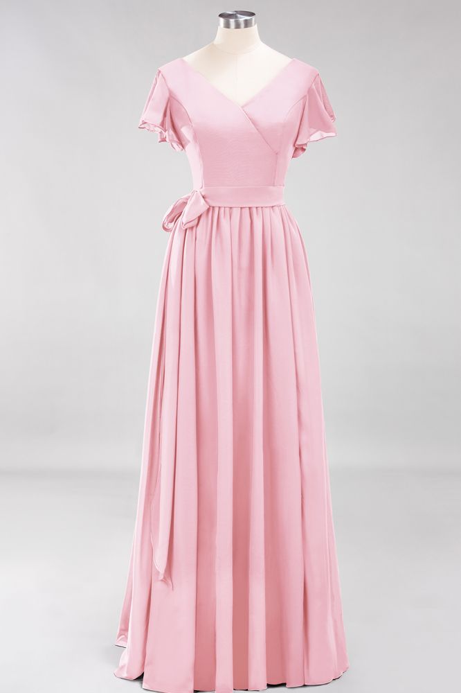 Elegant A-line V-Neck Short Sleeve Bridesmaid Dresses with Bow Sash Floor-Length Chiffon Evening Dress