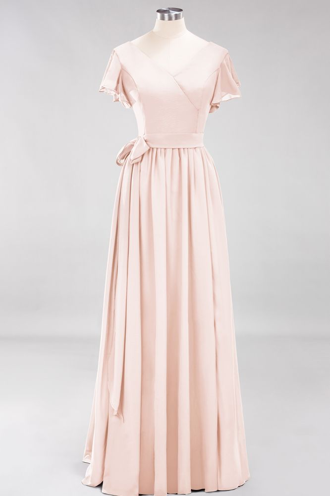 Elegant A-line V-Neck Short Sleeve Bridesmaid Dresses with Bow Sash Floor-Length Chiffon Evening Dress