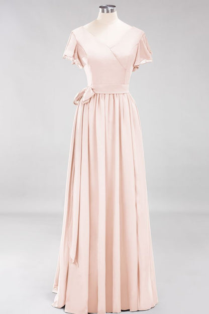 Elegant A-line V-Neck Short Sleeve Bridesmaid Dresses with Bow Sash Floor-Length Chiffon Evening Dress