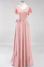 Elegante vestido de noche de gasa con escote en V, manga corta y lazo para dama de honor hasta el suelo.
