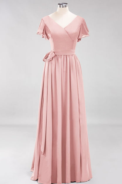 Elegant A-line V-Neck Short Sleeve Bridesmaid Dresses with Bow Sash Floor-Length Chiffon Evening Dress