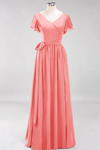 Elegante vestido de noche de gasa con escote en V, manga corta y lazo para dama de honor hasta el suelo.
