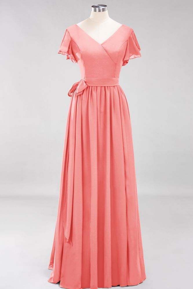 Elegant A-line V-Neck Short Sleeve Bridesmaid Dresses with Bow Sash Floor-Length Chiffon Evening Dress