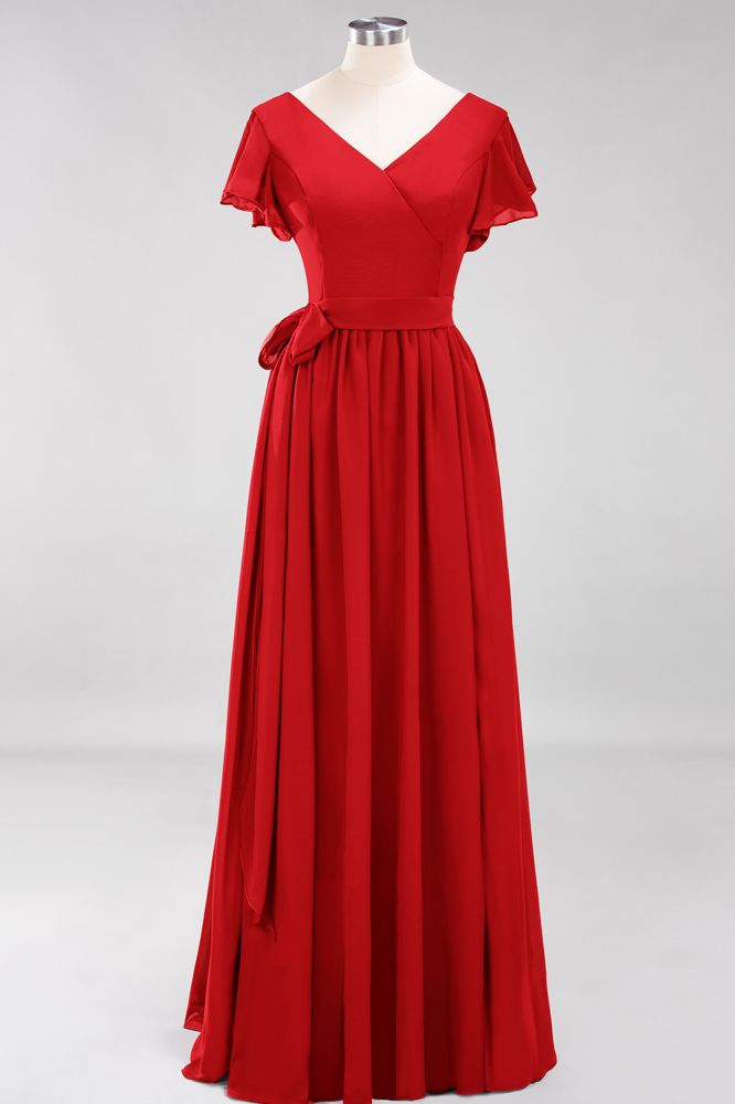 Elegant A-line V-Neck Short Sleeve Bridesmaid Dresses with Bow Sash Floor-Length Chiffon Evening Dress