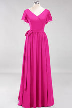 Elegante vestido de noche de gasa con escote en V, manga corta y lazo para dama de honor hasta el suelo.