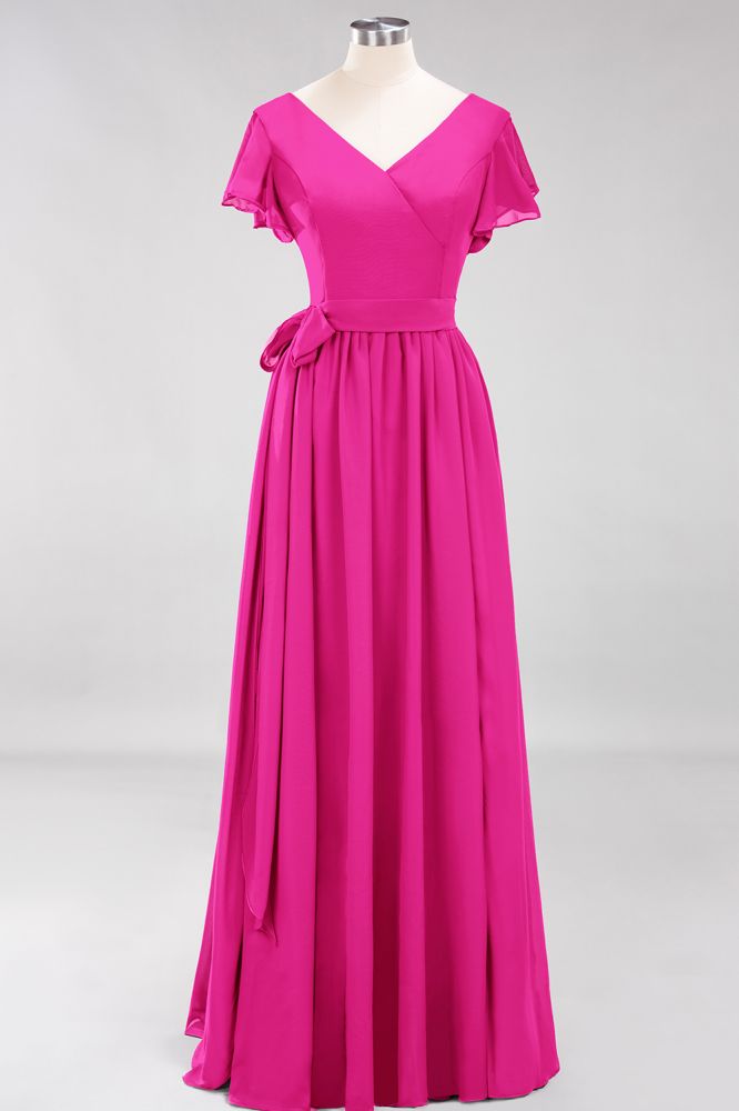 Elegant A-line V-Neck Short Sleeve Bridesmaid Dresses with Bow Sash Floor-Length Chiffon Evening Dress