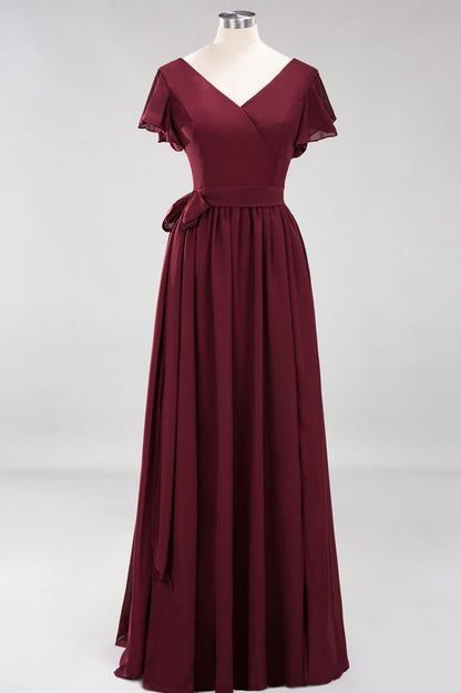 Elegant A-line V-Neck Short Sleeve Bridesmaid Dresses with Bow Sash Floor-Length Chiffon Evening Dress