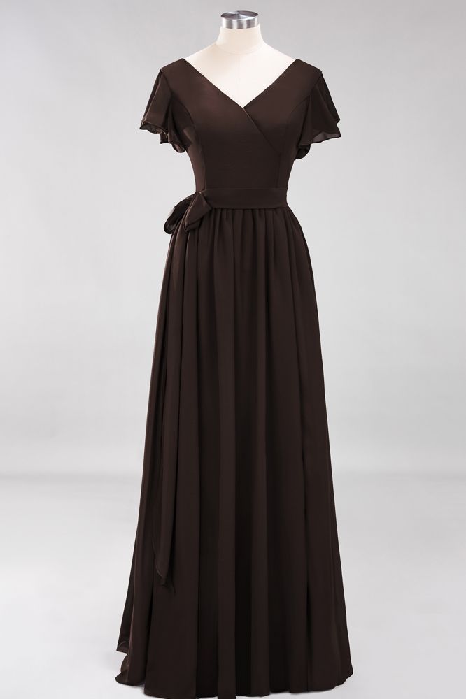 Elegante vestido de noche de gasa con escote en V, manga corta y lazo para dama de honor hasta el suelo.