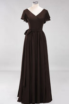 Elegante vestido de noche de gasa con escote en V, manga corta y lazo para dama de honor hasta el suelo.