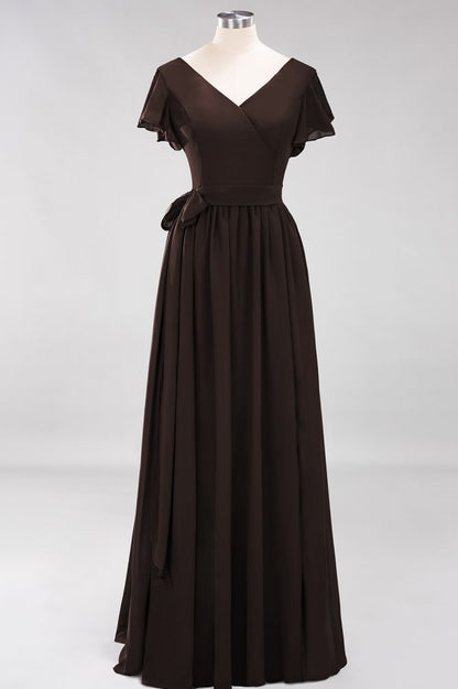 Elegant A-line V-Neck Short Sleeve Bridesmaid Dresses with Bow Sash Floor-Length Chiffon Evening Dress