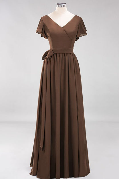 Elegant A-line V-Neck Short Sleeve Bridesmaid Dresses with Bow Sash Floor-Length Chiffon Evening Dress