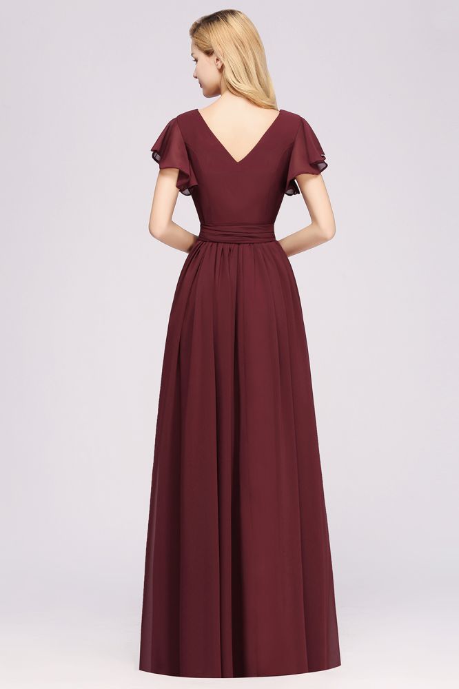 Elegant A-line V-Neck Short Sleeve Bridesmaid Dresses with Bow Sash Floor-Length Chiffon Evening Dress