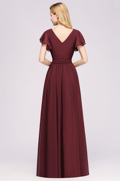 Elegant A-line V-Neck Short Sleeve Bridesmaid Dresses with Bow Sash Floor-Length Chiffon Evening Dress