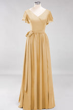 Elegante vestido de noche de gasa con escote en V, manga corta y lazo para dama de honor hasta el suelo.