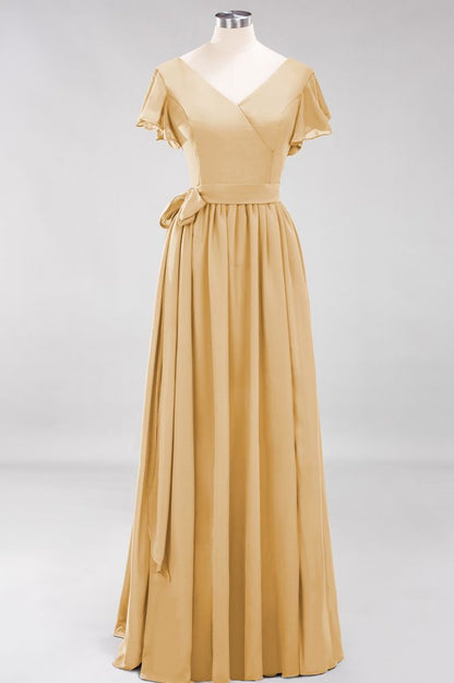 Elegant A-line V-Neck Short Sleeve Bridesmaid Dresses with Bow Sash Floor-Length Chiffon Evening Dress