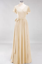 Elegante vestido de noche de gasa con escote en V, manga corta y lazo para dama de honor hasta el suelo.